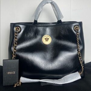 New Versace Black Tote with Gold Medusa Accent